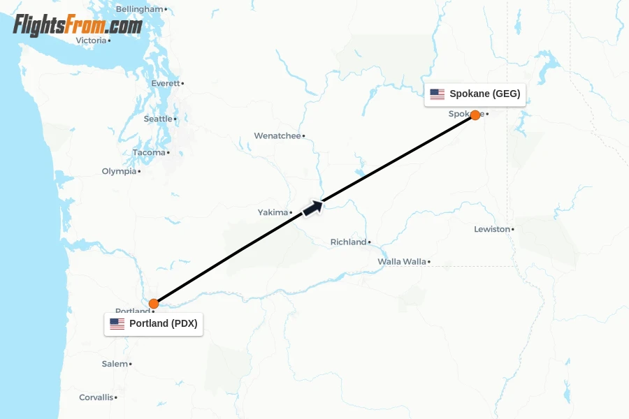 Flights from Portland to Spokane route map
