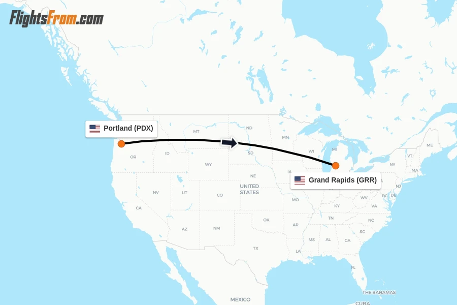 Flights from Portland to Grand Rapids route map