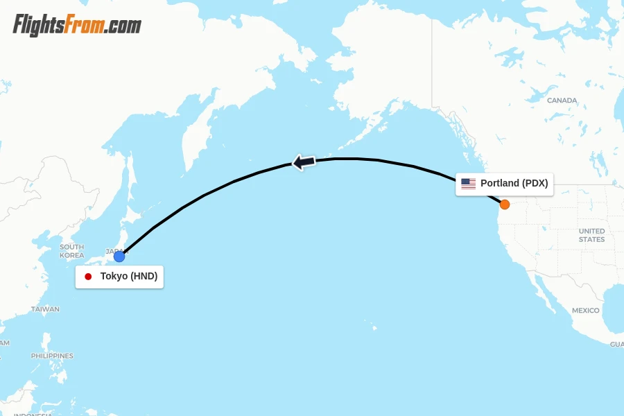Flights from Portland to Tokyo route map