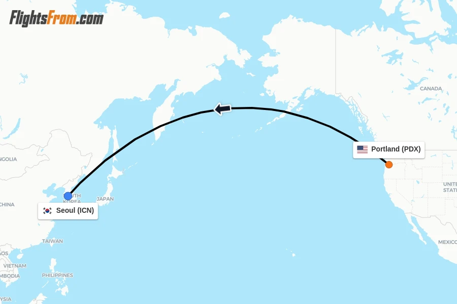 Flights from Portland to Seoul route map