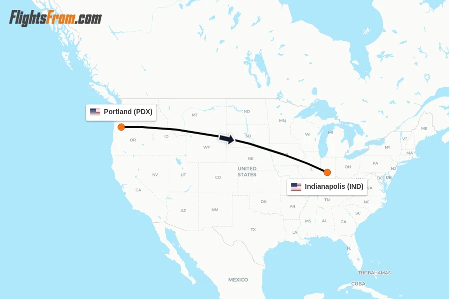 Flights from Portland to Indianapolis route map
