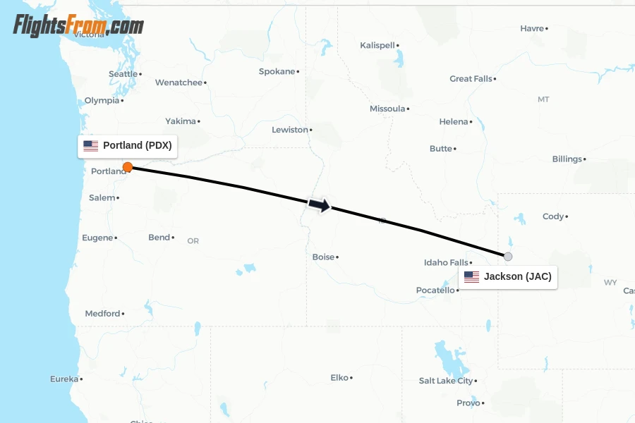 Flights from Portland to Jackson route map