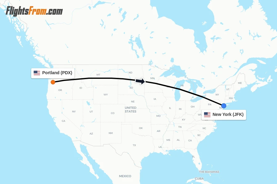 Flights from Portland to New York route map