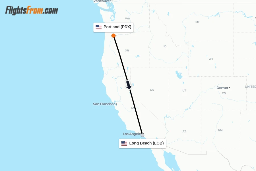Flights from Portland to Long Beach route map