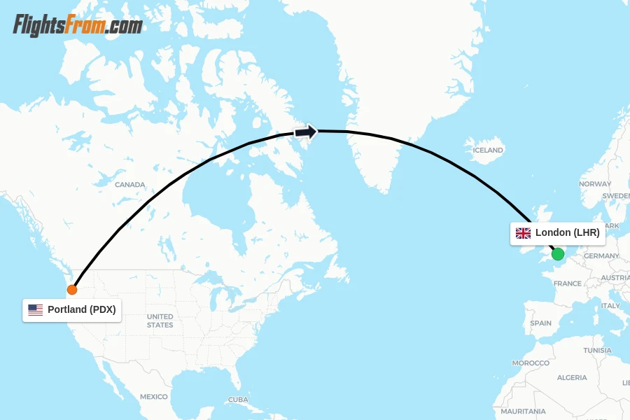 Flights from Portland to London route map