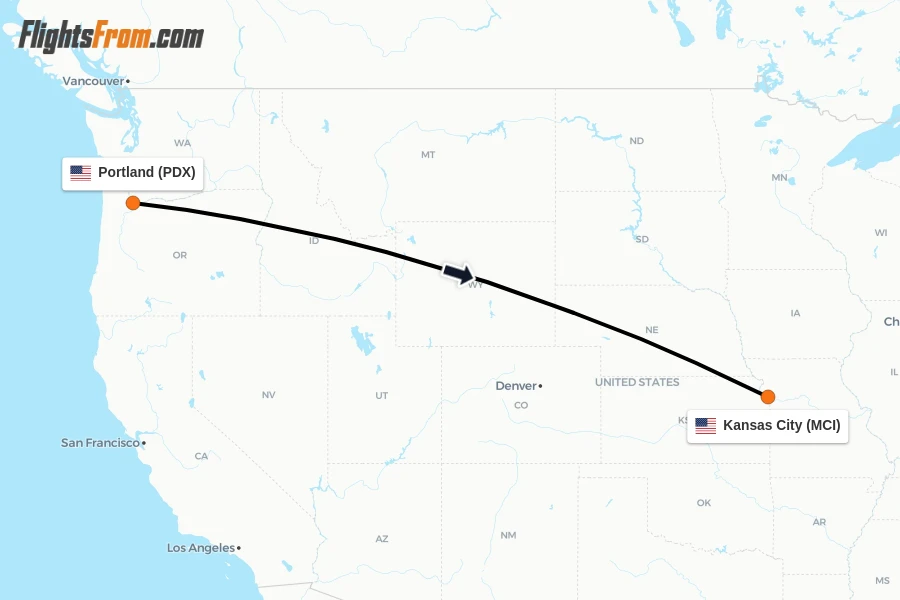 Flights from Portland to Kansas City route map