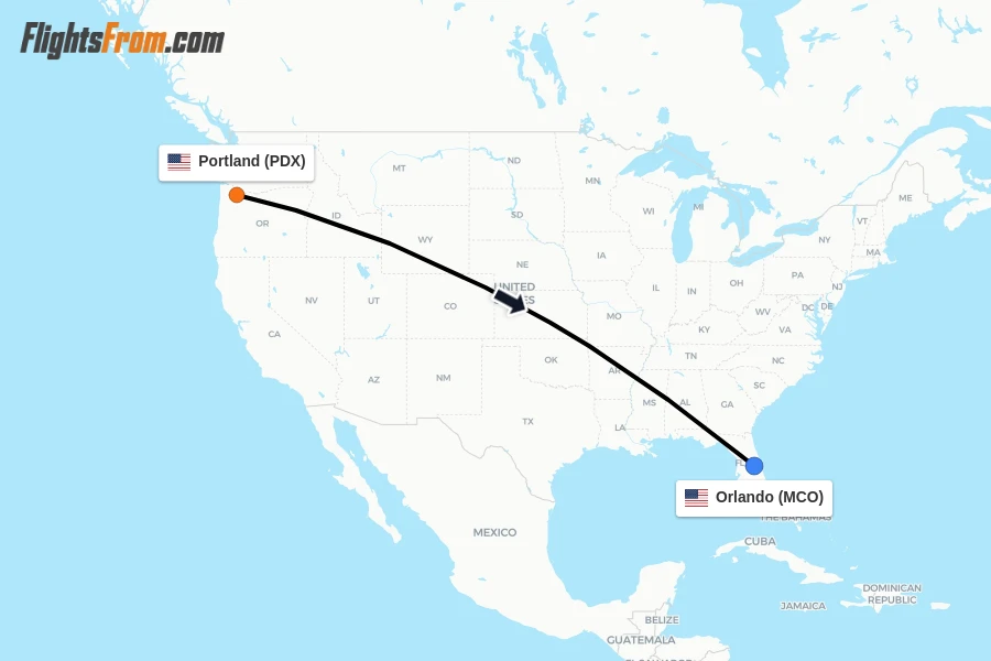Flights from Portland to Orlando route map