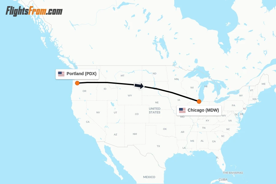 Flights from Portland to Chicago route map