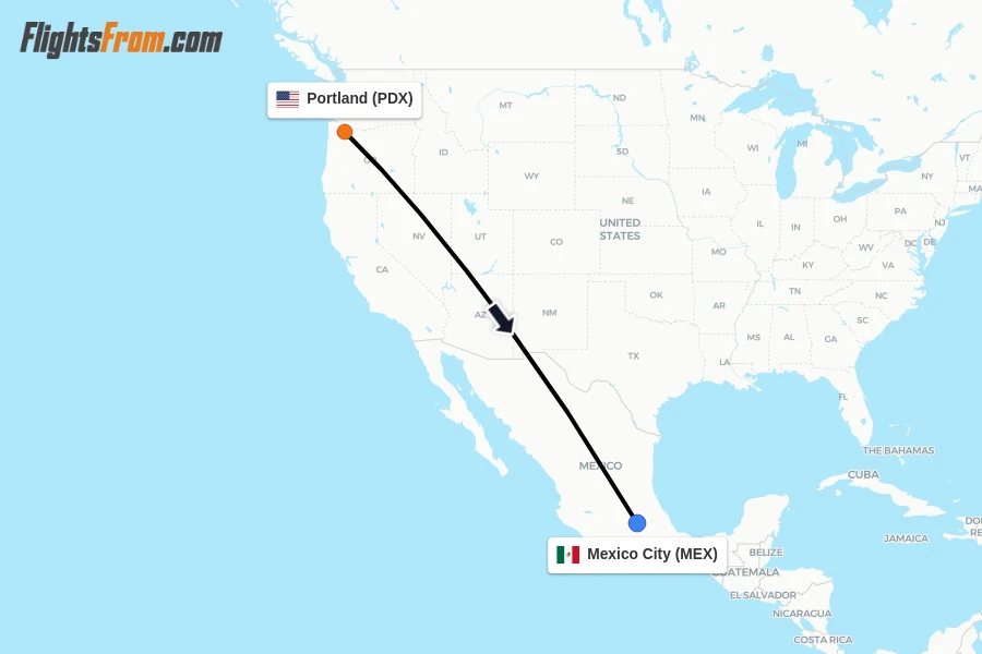 Flights from Portland to Mexico City route map