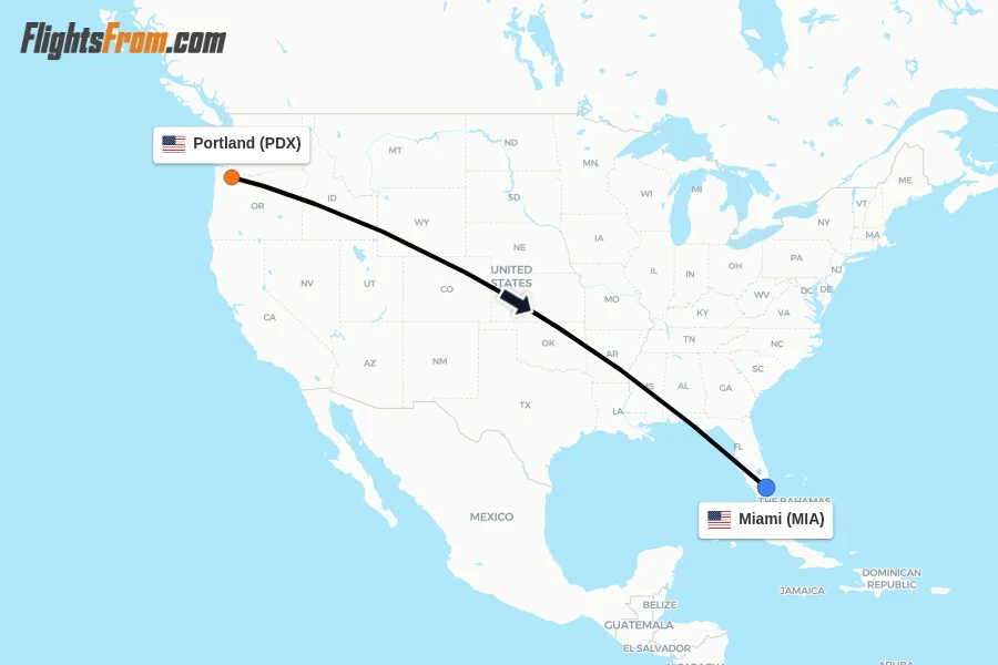 Flights from Portland to Miami route map