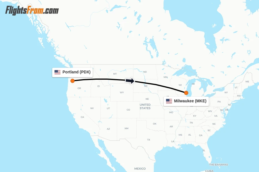 Flights from Portland to Milwaukee route map