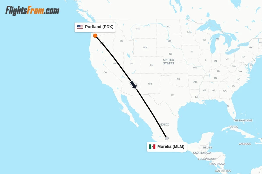 Flights from Portland to Morelia route map