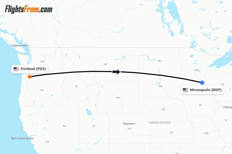 Flights from Portland to Minneapolis route map