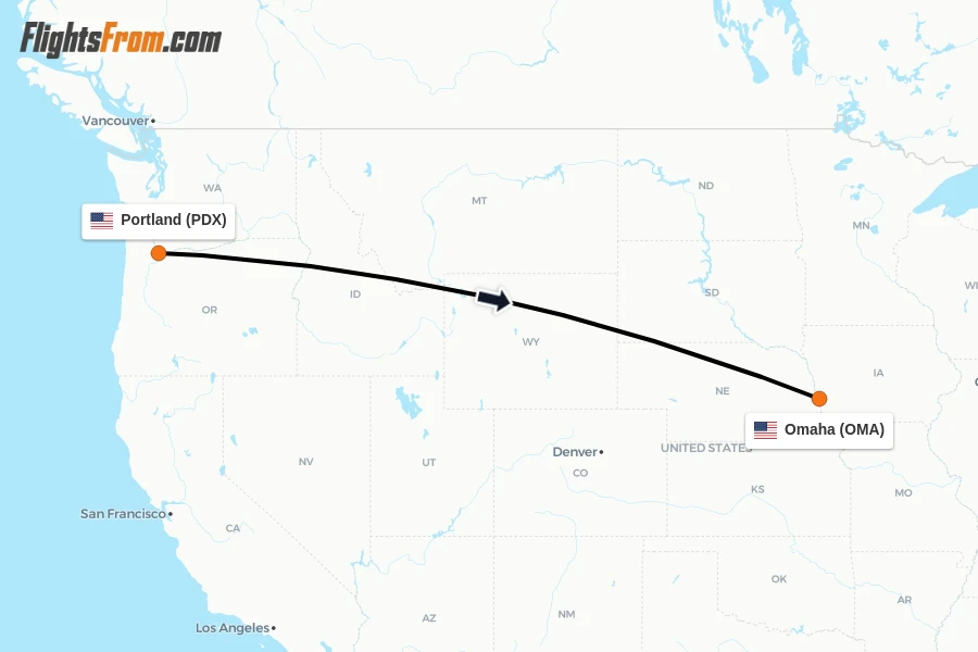 Flights from Portland to Omaha route map