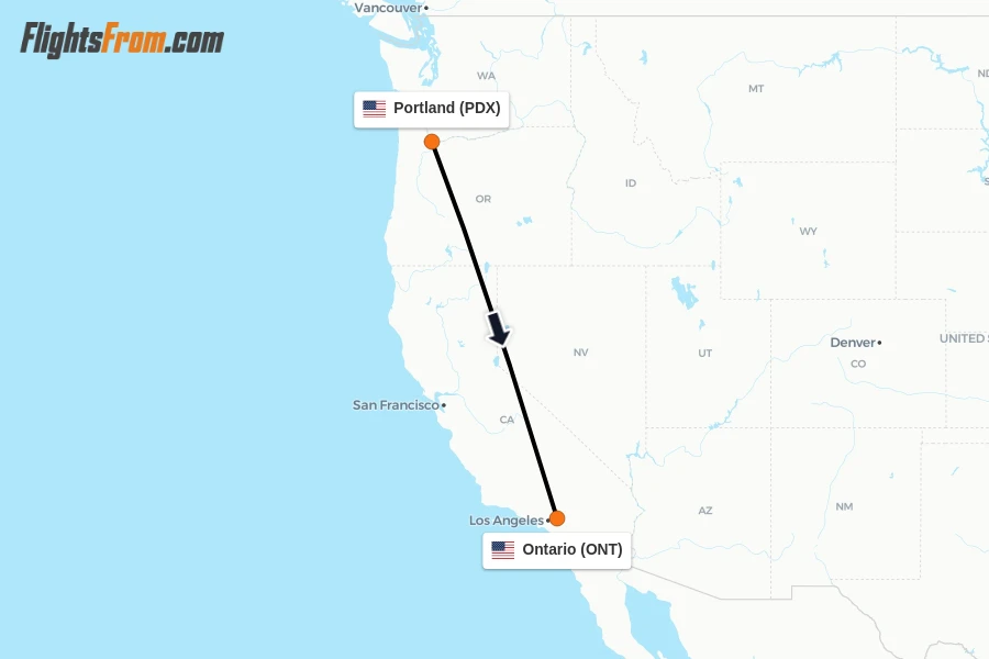 Flights from Portland to Ontario route map
