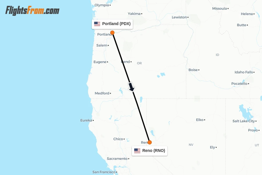 Flights from Portland to Reno route map