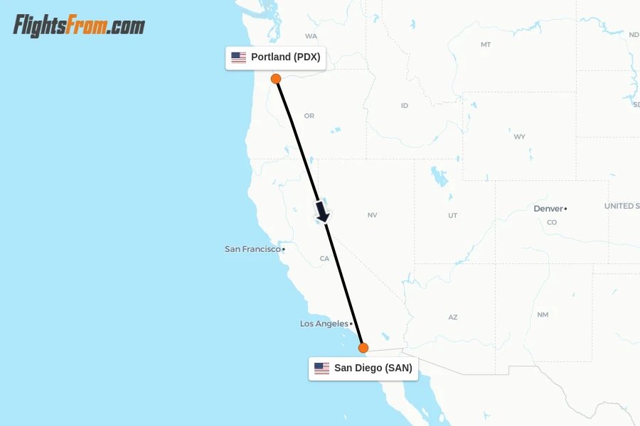 Flights from Portland to San Diego route map