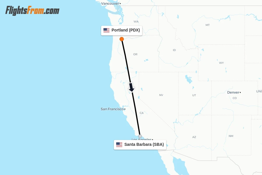 Flights from Portland to Santa Barbara route map
