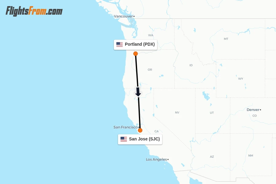 Flights from Portland to San Jose route map