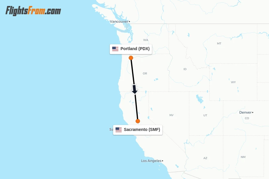 Flights from Portland to Sacramento route map
