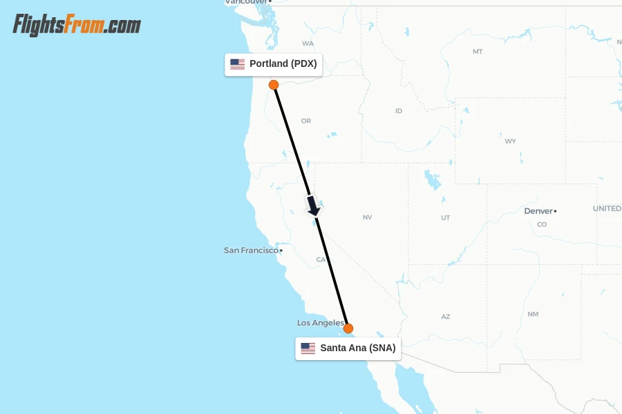 Flights from Portland to Santa Ana route map