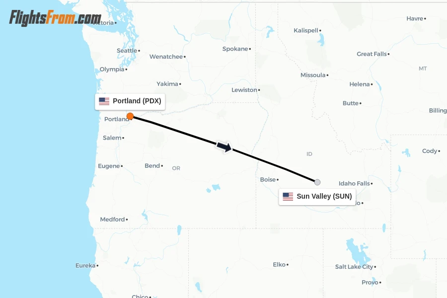 Flights from Portland to Sun Valley route map