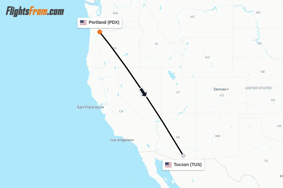 Flights from Portland to Tucson route map