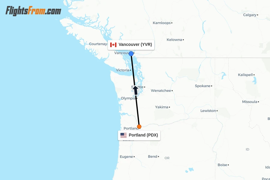 Flights from Portland to Vancouver route map