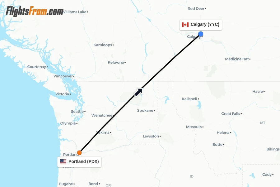 Flights from Portland to Calgary route map