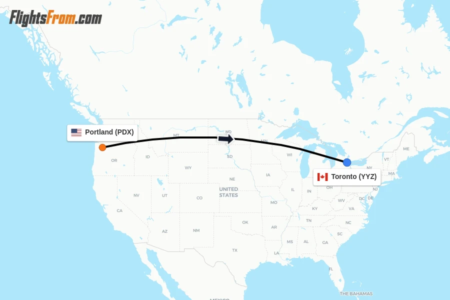 Flights from Portland to Toronto route map
