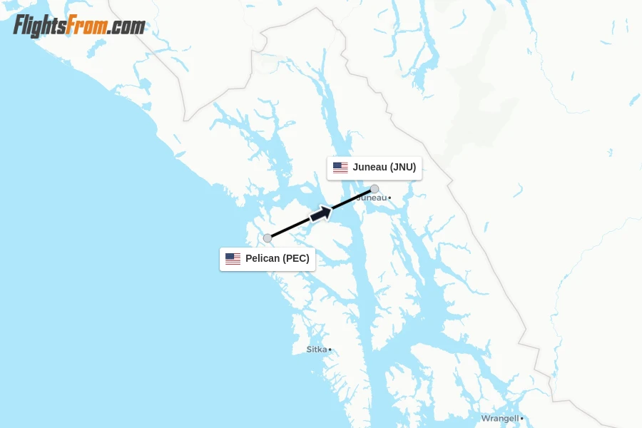 Flights from Pelican to Juneau route map