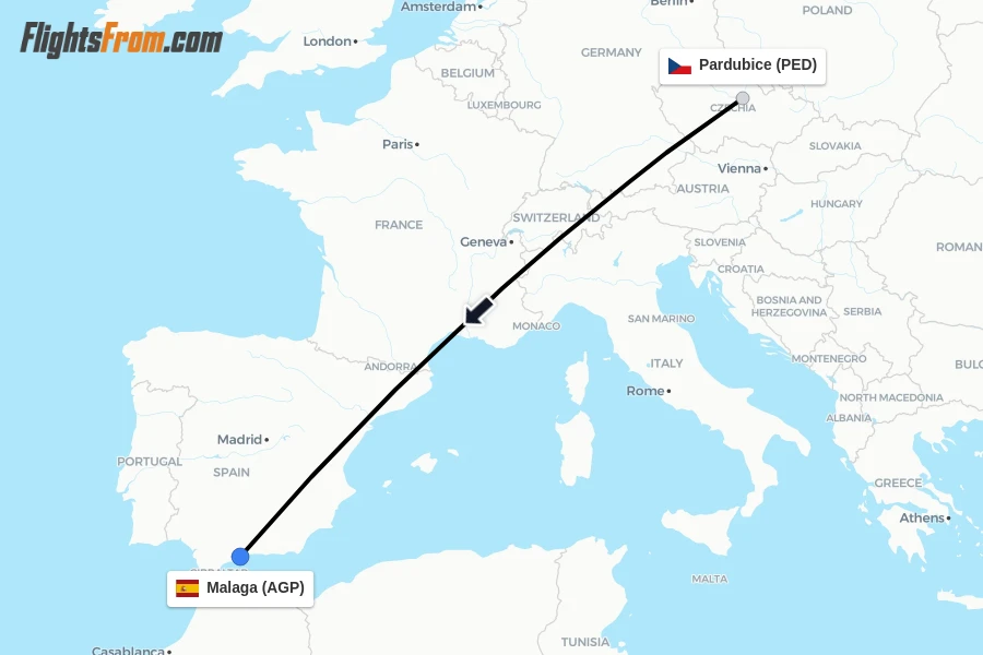 Flights from Pardubice to Malaga route map
