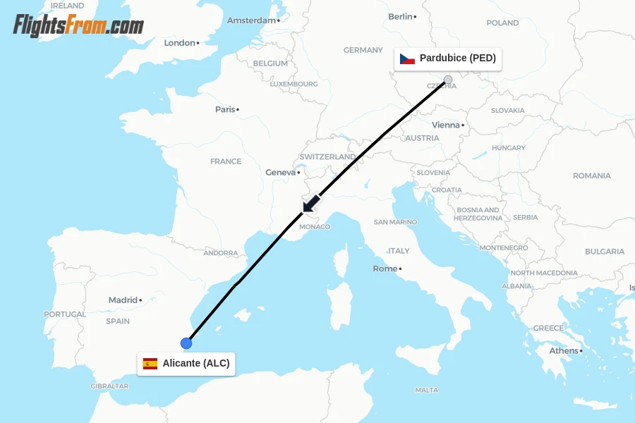 Flights from Pardubice to Alicante route map