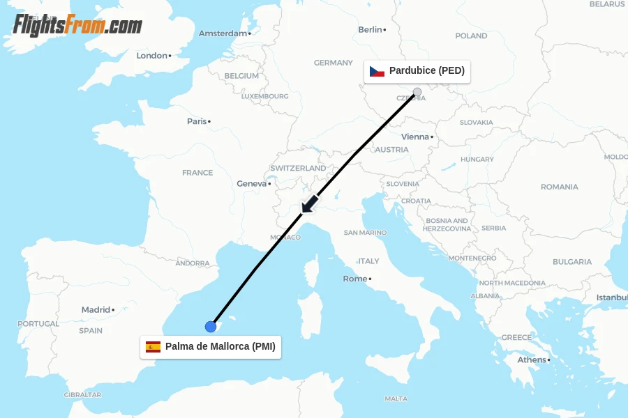 Flights from Pardubice to Palma de Mallorca route map