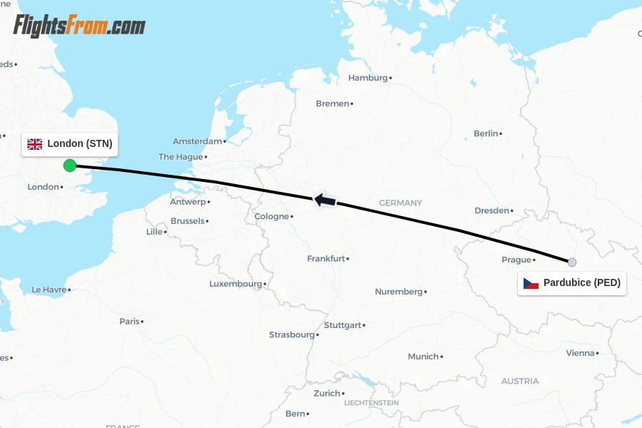 Flights from Pardubice to London route map