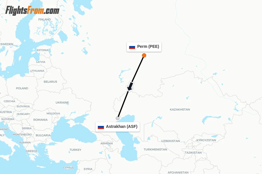 Flights from Perm to Astrakhan route map