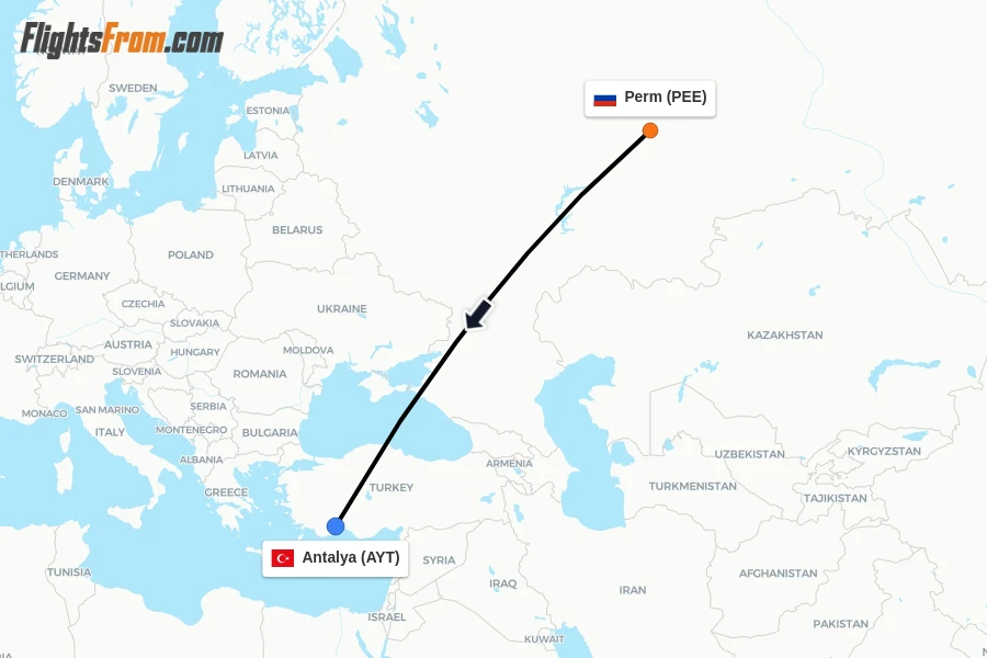 Flights from Perm to Antalya route map