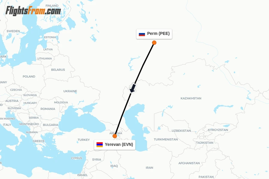 Flights from Perm to Yerevan route map