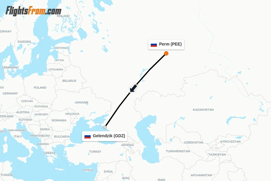 Flights from Perm to Gelendzik route map