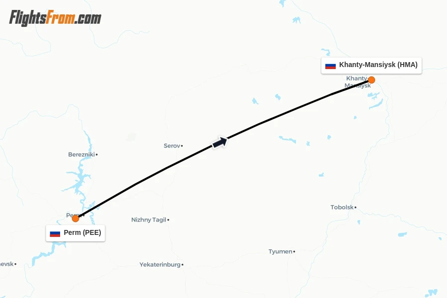 Flights from Perm to Khanty-Mansiysk route map