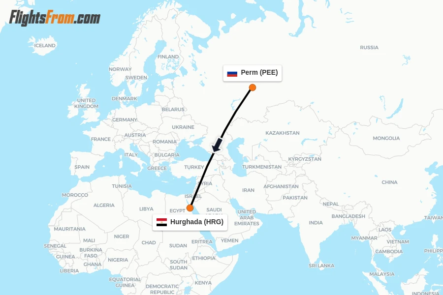 Flights from Perm to Hurghada route map