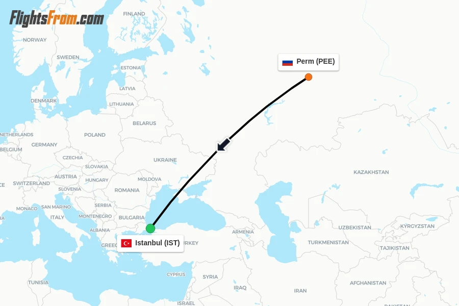 Flights from Perm to Istanbul route map