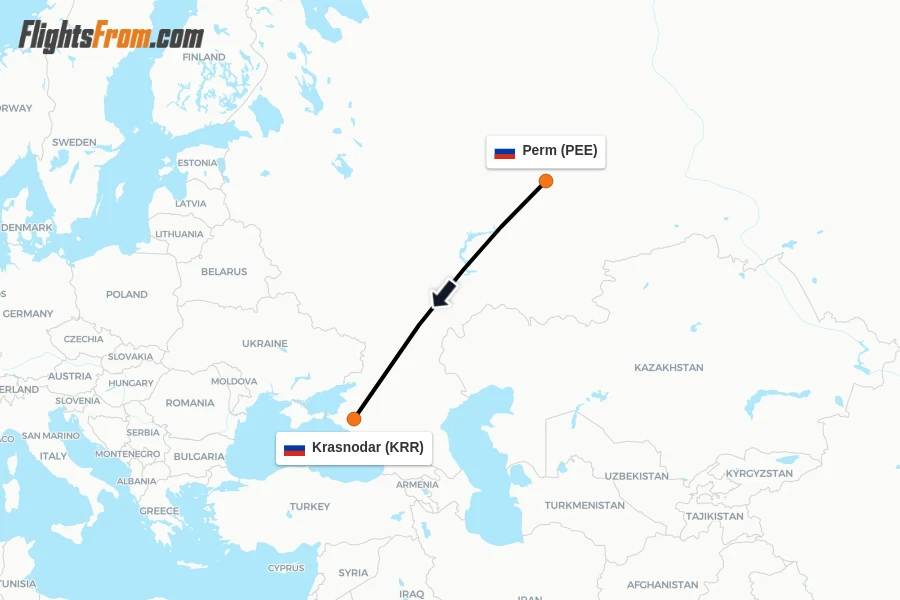 Flights from Perm to Krasnodar route map
