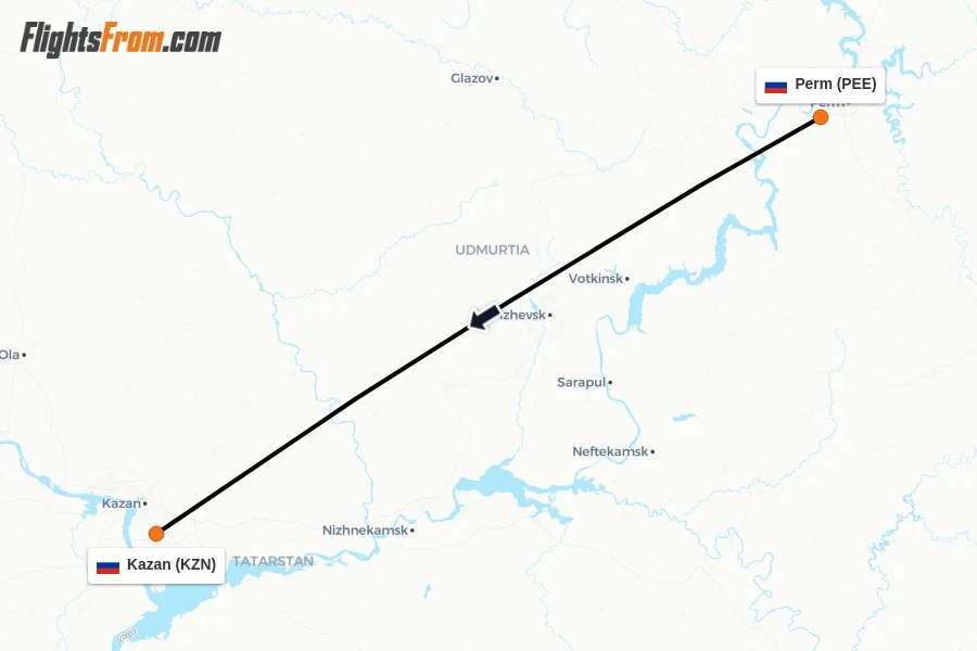Flights from Perm to Kazan route map