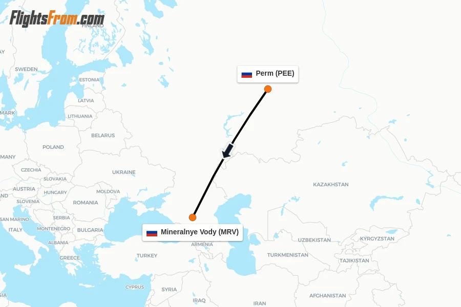Flights from Perm to Mineralnye Vody route map
