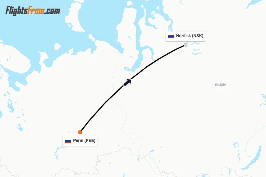 Flights from Perm to Noril'sk route map