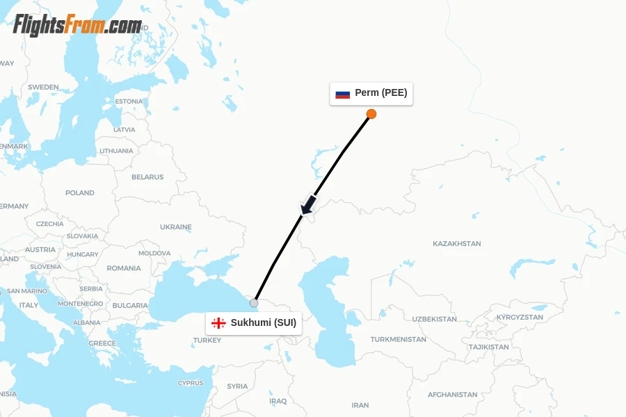 Flights from Perm to Sukhumi route map