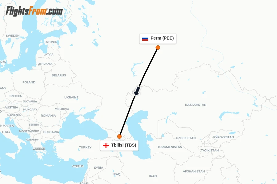 Flights from Perm to Tbilisi route map