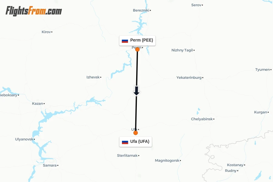 Flights from Perm to Ufa route map