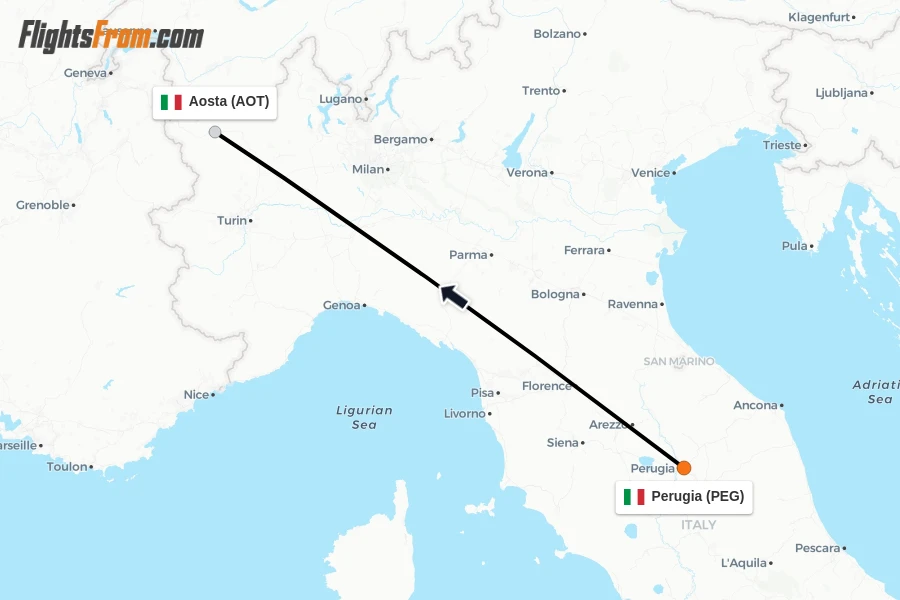Flights from Perugia to Aosta route map